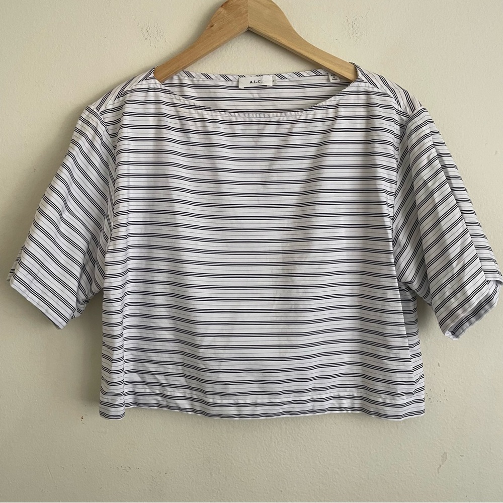 A.L.C. Striped Cropped Cotton Top Short Sleeve White Navy Size S Lightweight
